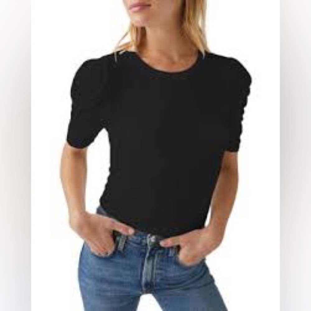 Michael Stars Women's Black Ribbed Ruched Sleeve T-Shirt Top Size Small